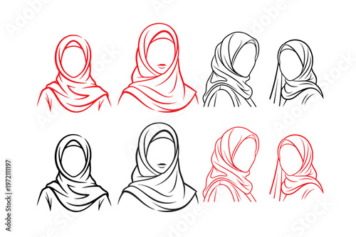 Muslim Woman Hijab Headscarf Line Art Illustration Set