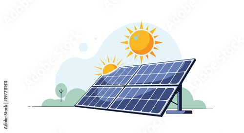 Modern solar panel array is positioned under two bright suns to illustrate renewable energy production and sustainable technology concepts.
