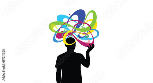 Man with a colorful swirling design above his head and hand raised