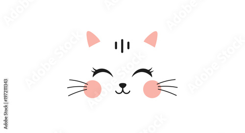 Minimalist drawing of a cute white cat face with happy closed eyes pink cheeks and long whiskers is isolated on a clean white background.