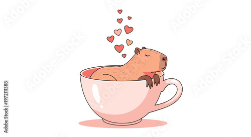 Whimsical illustration of a relaxed capybara sitting inside a pink coffee cup with small red hearts floating above like warm steam clouds.
