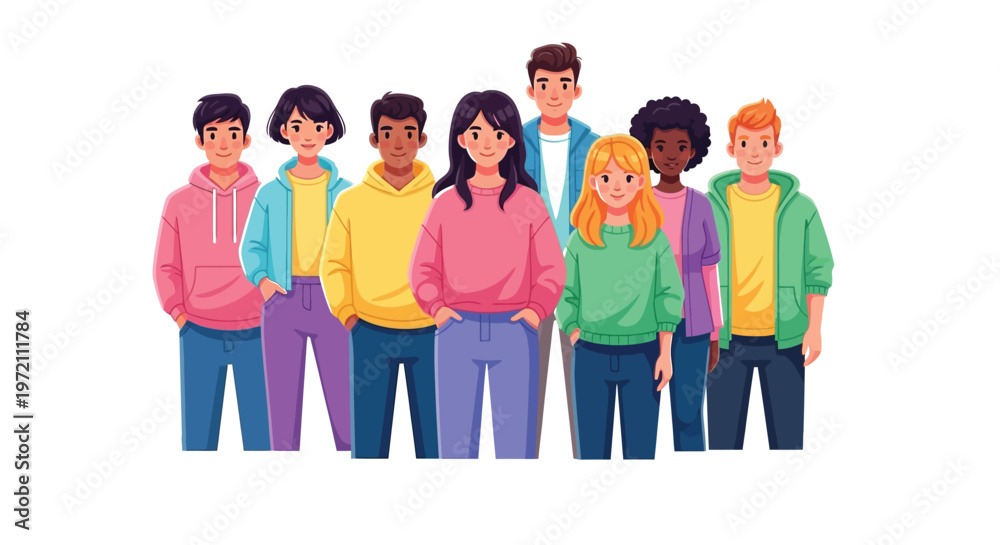 Fototapeta premium Diverse group of young people standing together in this colorful flat vector illustration of friends