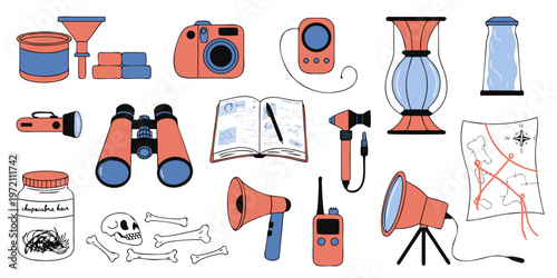Cartoon illustration of various adventure and mystery solving tools and equipment