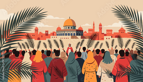 People in traditional clothing celebrating with palm leaves in front of a mosque