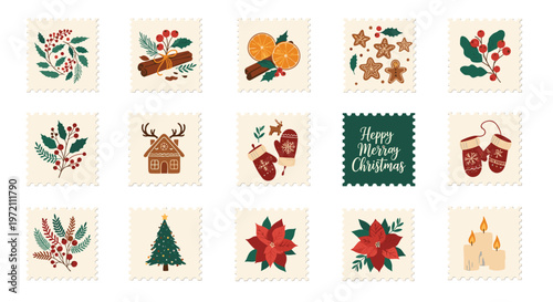 Set of fifteen decorative Christmas postage stamps features festive illustrations of holly mittens gingerbread and winter plants for mail.