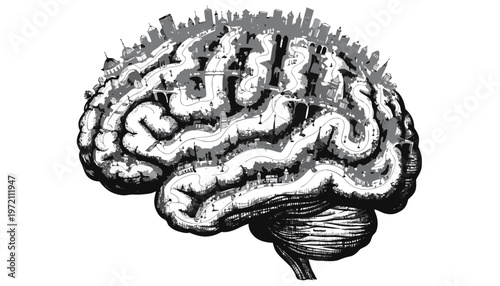 Brain with cityscape integrated into its structure