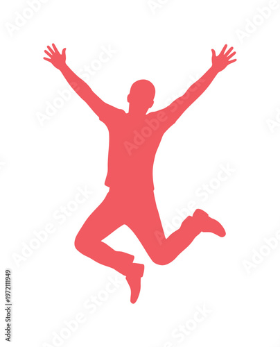 Joyful jumping man silhouette, vibrant red figure with arms raised in celebration, dynamic human form expressing happiness and success, isolated vector graphic for energetic designs.