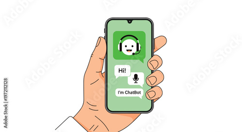 Illustration of a hand holding a smartphone displaying a chat bot interface with messages and voice commands for mobile technology concepts.