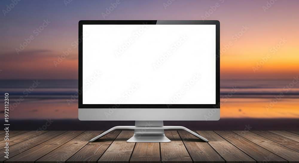 Fototapeta premium Desktop computer monitor with blank screen positioned on wooden table against a vibrant sunset over the ocean, creating a serene coastal atmosphere