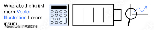 Energy conservation, data analysis, business growth, finance tracking, technology, research visualization. Battery, calculator magnifying glass and growth chart symbols. Energy conservation