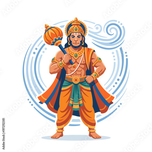 Powerful Lord Hanuman standing with mace, a revered Hindu deity.