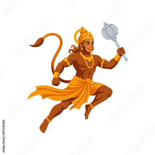 Hanuman, the Hindu monkey god, depicted in a dynamic pose, holding his gada.