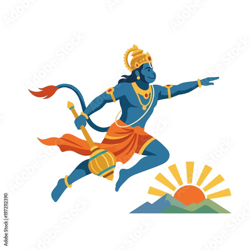 Hanuman flying with mace, Hindu deity, mythological figure, divine power.