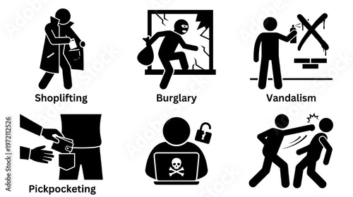 Crime and Law Enforcement Icons with Robbery Assault Arson and Cyber Security Threats