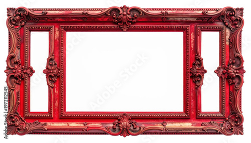 Ornate distressed red baroque picture frame with decorative carvings and multiple openings, isolated on transparent background