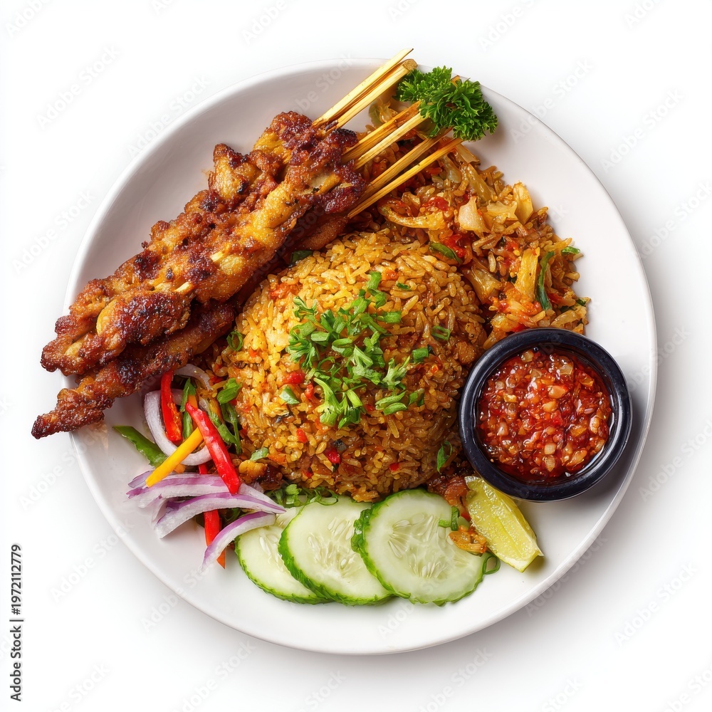 Fototapeta premium Nasi goreng ayam Indonesia food plate with fried rice chicken with fried chicken isolated on a white background