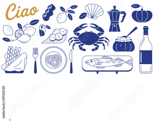 hand drawn italian clipart set in sketch doodle style, featuring mediterranean traditional cuisine and cultural symbols, detailed vector illustration perfect for menus packaging and travel design proj