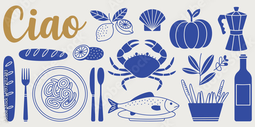 hand drawn italian clipart set in sketch doodle style, featuring mediterranean traditional cuisine and cultural symbols, detailed vector illustration perfect for menus packaging and travel design proj