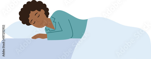 A woman sleeps peacefully on a comfortable bed with pillow and blanket indoors.