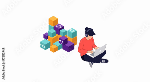 Isometric Software Developer Working on Laptop with 3D Data Blocks and Code Symbols Illustration