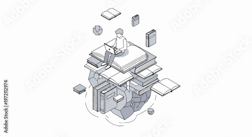 Isometric Illustration of a Man Working on a Laptop Sitting on a Pile of Books, Online Education and Digital Library Concept