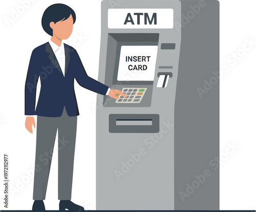 Man in suit inserting card into ATM machine outdoors
