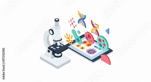 Isometric Science Laboratory Concept with Microscope, Digital Tablet, DNA Helix, and Microorganisms for Biotechnology Research and Genetics Education