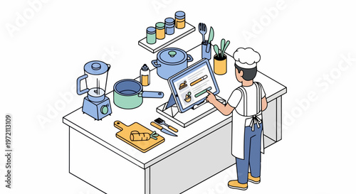 Isometric Illustration of a Chef Using a Tablet for Digital Recipes in a Modern Kitchen Environment