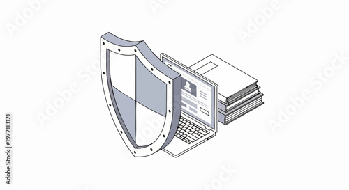 Isometric Cybersecurity Concept: Shield Protecting Laptop and Books for Data Privacy and Intellectual Property Protection