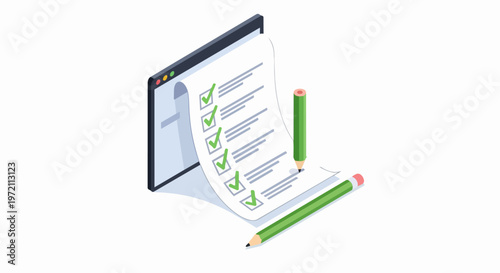 Isometric Online Survey and Digital Checklist Illustration for Business Productivity and Task Management Concepts