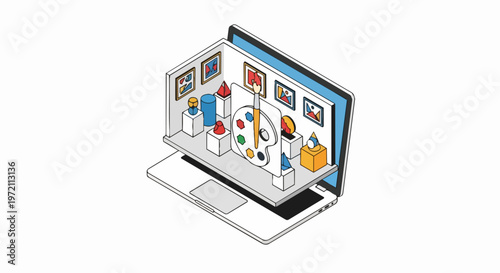 Isometric Illustration of a Virtual Art Gallery and Digital Creative Studio Emerging from a Laptop Screen