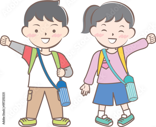 リュックを背負って遠足に行く子供たちのイラスト
