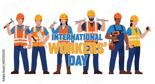 Diverse construction workers celebrating international workers day with tools