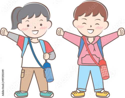 リュックを背負って遠足に行く子供たちのイラスト