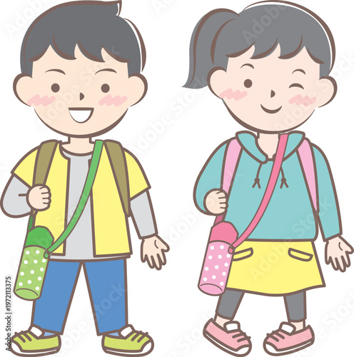 リュックを背負って遠足に行く子供たちのイラスト