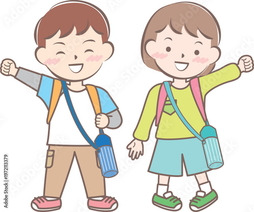 リュックを背負って遠足に行く子供たちのイラスト