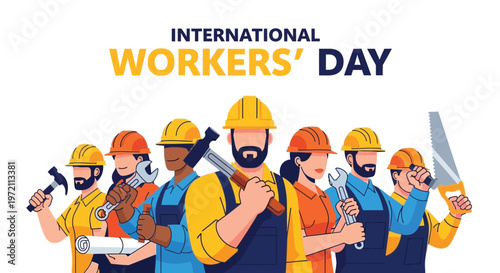 International workers day illustration featuring diverse construction and trade professionals