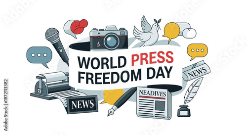 World press freedom day illustration with journalism related objects