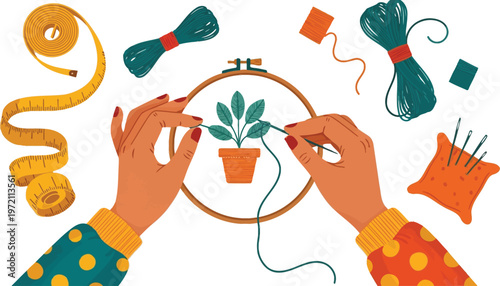 Woman embroidering a plant design with precision and care