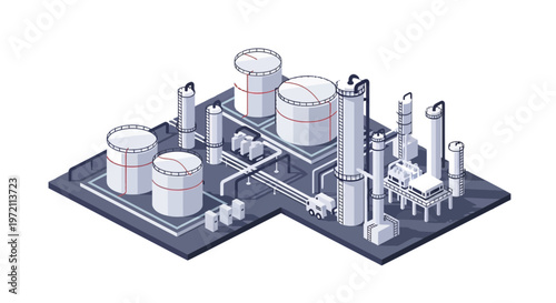 Isometric Oil Refinery and Chemical Industrial Plant Vector Illustration