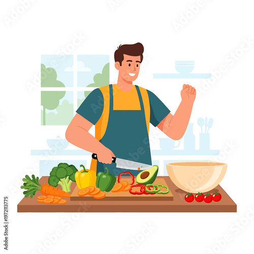 Man chopping vegetables on wooden board.