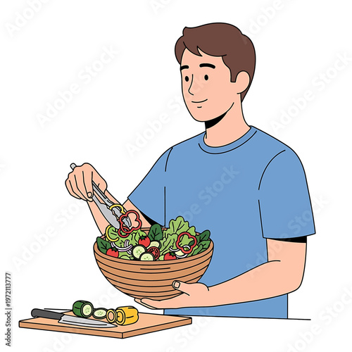 Man holding salad bowl with tongs.