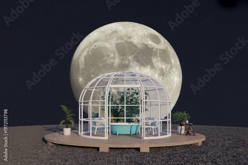 A white birdcage containing a steaming hot tub on a lunar landscape under a full moon.