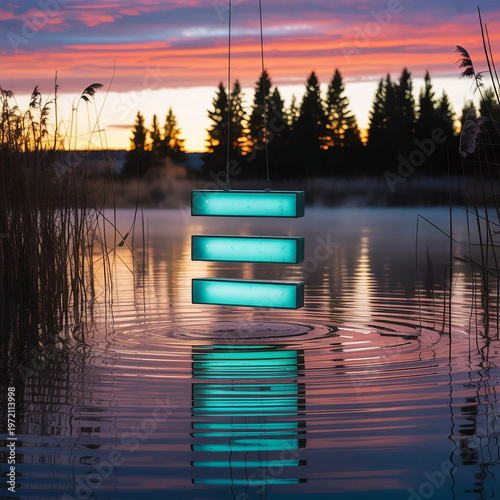 glowing teal rectangles floating over a calm lake during a vibrant sunset in the forest.