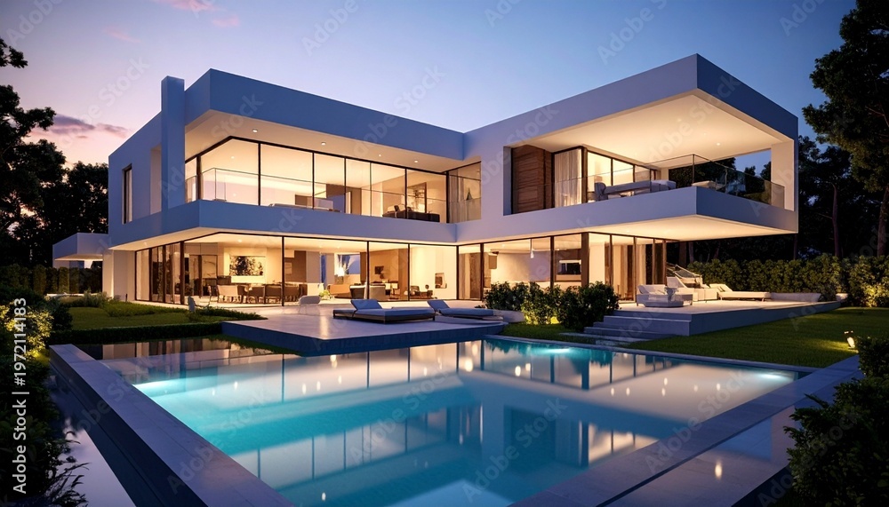 Fototapeta premium Modern luxury house with pool at dusk evening light