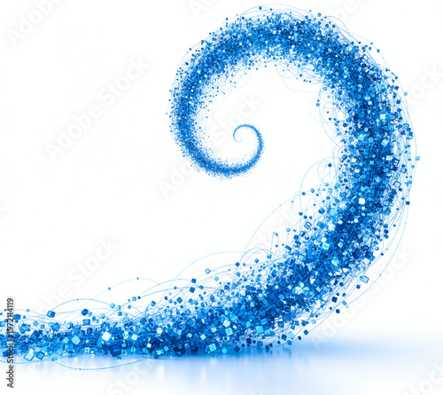 A flowing blue abstract background features a 3d wave design with liquid swirls and light vector curves for a modern motion wallpaper
