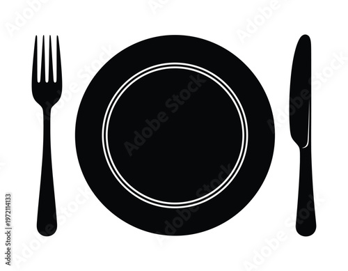 Title elegant black silhouette of dinner plate setting with fork knife and circular plate design description a minimalist black silhouette depicting a formal dinner setting