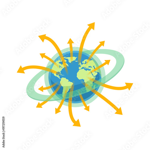 Globe with arrows around the world.