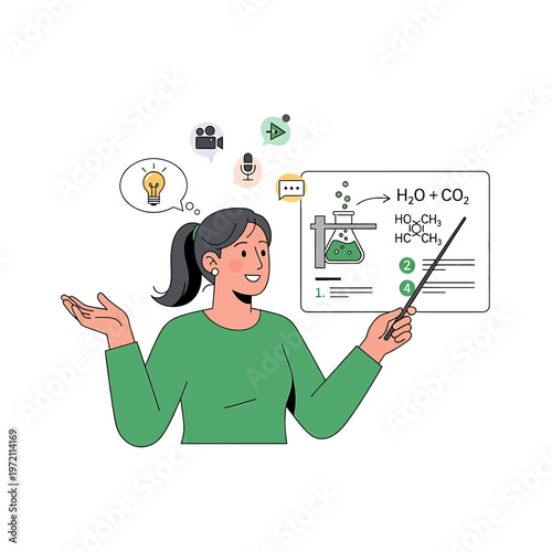 Woman Explaining Science Concept Diagram.