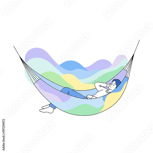 Woman Relaxing in Colorful Hammock Outdoors.